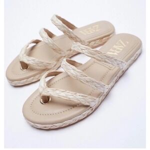 Zara Braided Raffia Flat Sandals Beige Woven Strappy Thong Slides EU 40 US 9